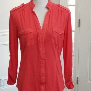 Miss Tina Coral Top with Button Tab Sleeves Size Medium